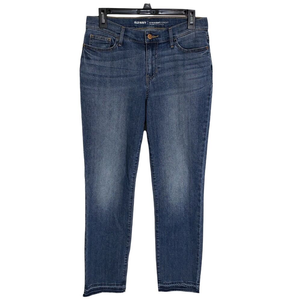 Old Navy Womens Jeans Size 4 Tall Blue Mid Rise Straight Denim Raw Hem Stretch
